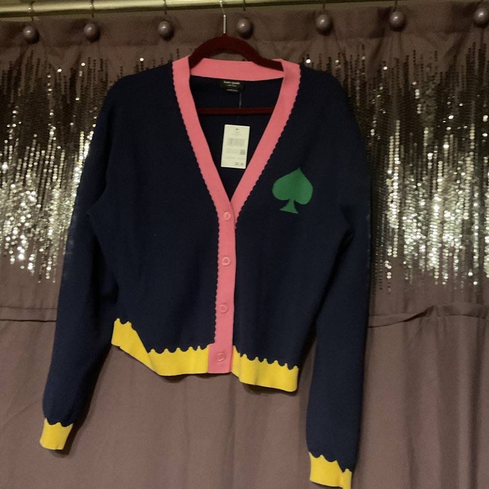 Kate Spade Navy Sweater with Pink Trim and Yellow Hem